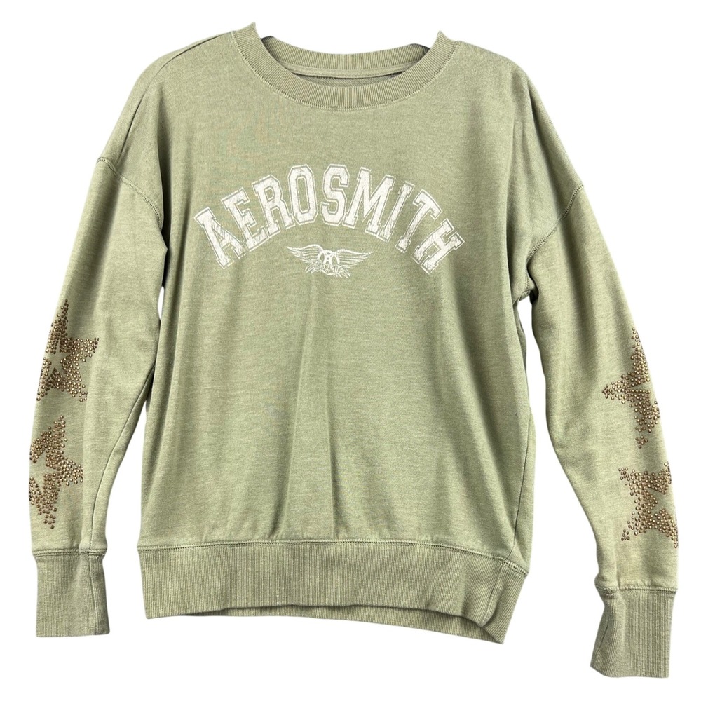 Aerosmith Graphic Sweatshirt Womens XS Green Studded Star Sleeve Band Pullover